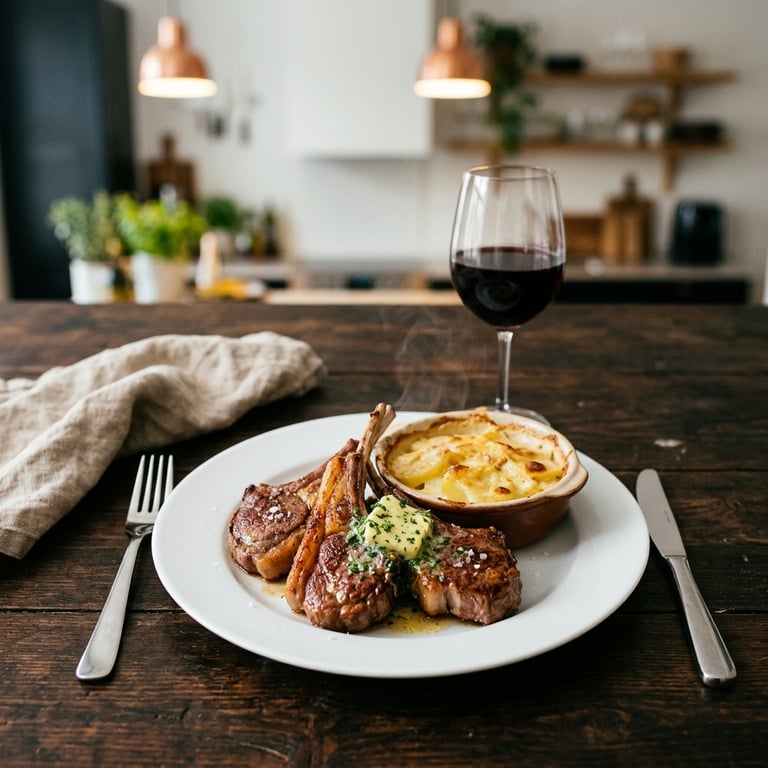 Stekta lammkotletter med myntasmör och krämig potatisgratäng