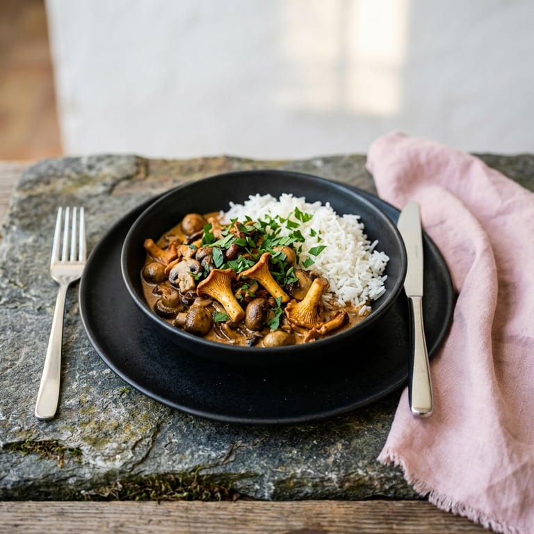 Svampstroganoff med trattkantareller, rökt paprika och dijonsenap