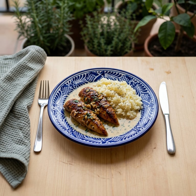 Ugnsbakad kycklinginnerfilé i citron-, vitlöks- och örtsås med pressad potatis