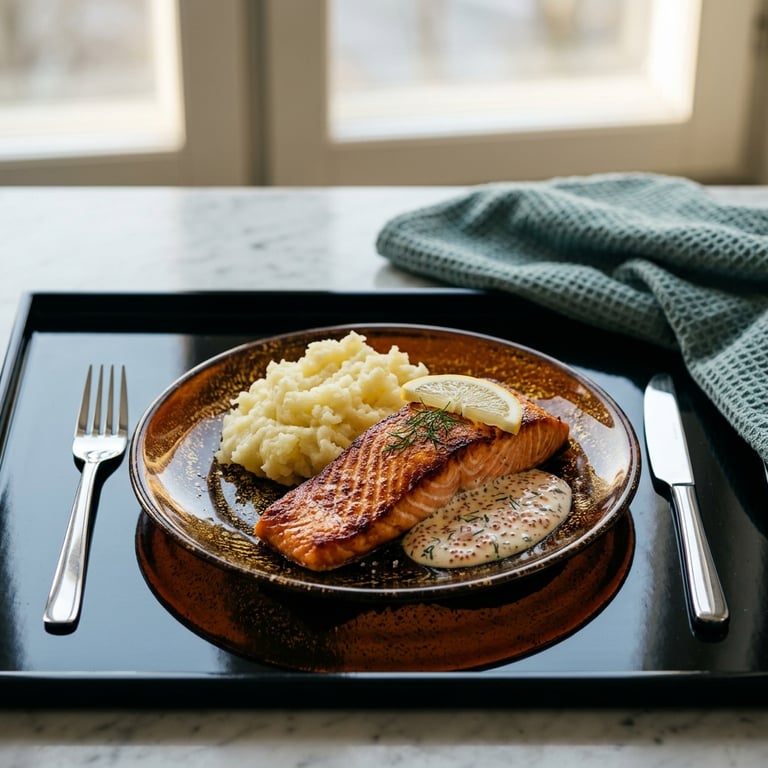 Ugnsbakad lax med romsås och pressad potatis