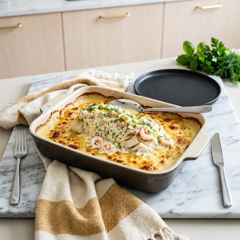 Ugnsbakad torskrygg med dillrört räktäcke, vitvinssås och potatisgratäng med västerbottensost