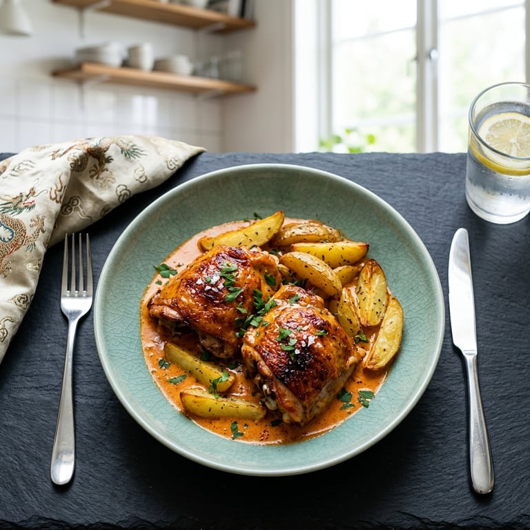 Ugnsbakade kycklinglår i krämig paprika- och rökt paprikasås med klyftpotatis