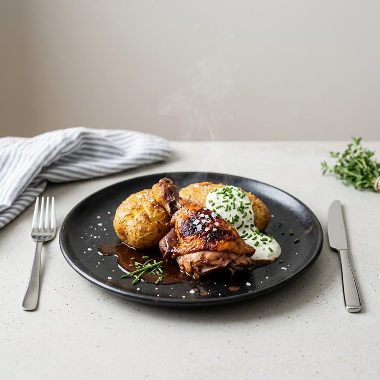 Ugnsbakade kycklinglår i rökig BBQ-sås med bakad potatis