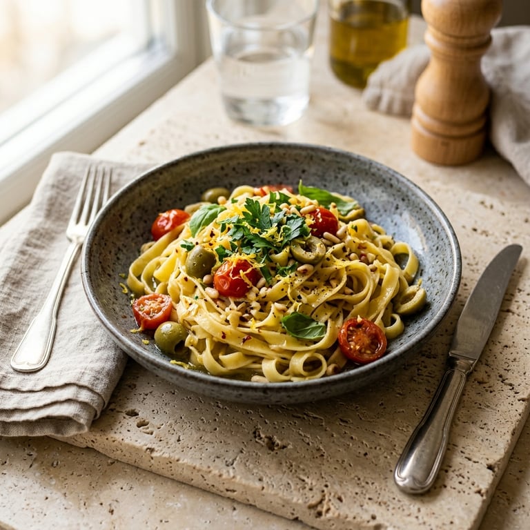 Citronpasta med gröna oliver och körsbärstomater