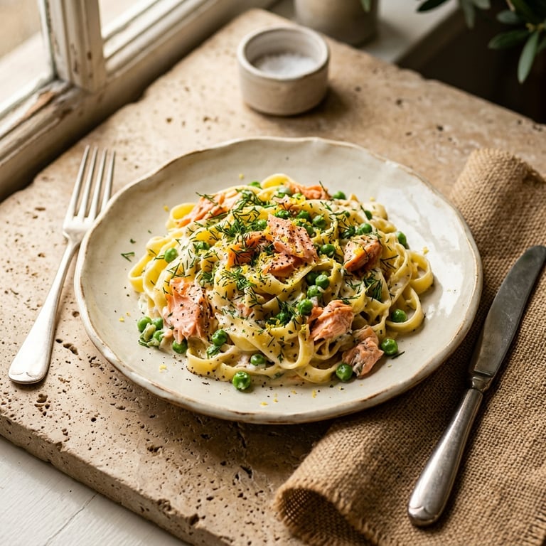 Gräddig laxpasta med dill och ärtor