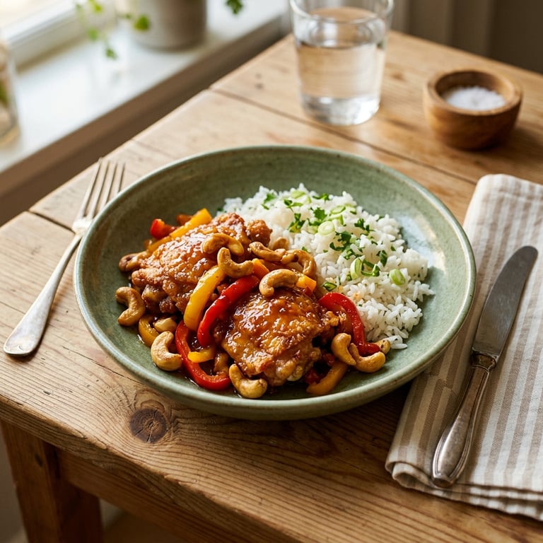 Klibbig aprikoskyckling med cashew och paprika