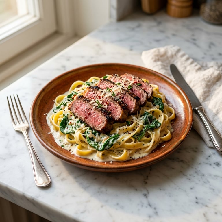 Krämig biffpasta med vitlöksost och spenat