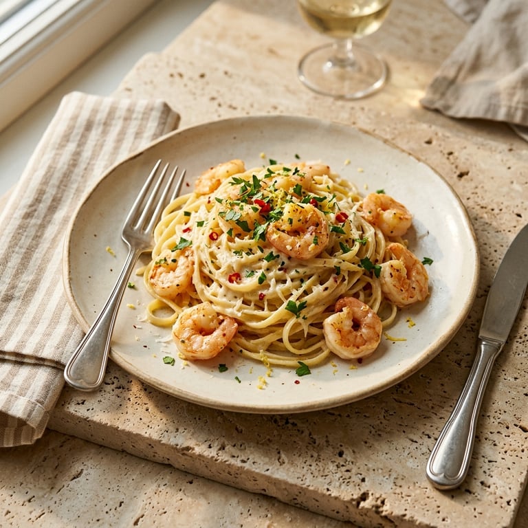 Krämig chili- och citronpasta med räkor