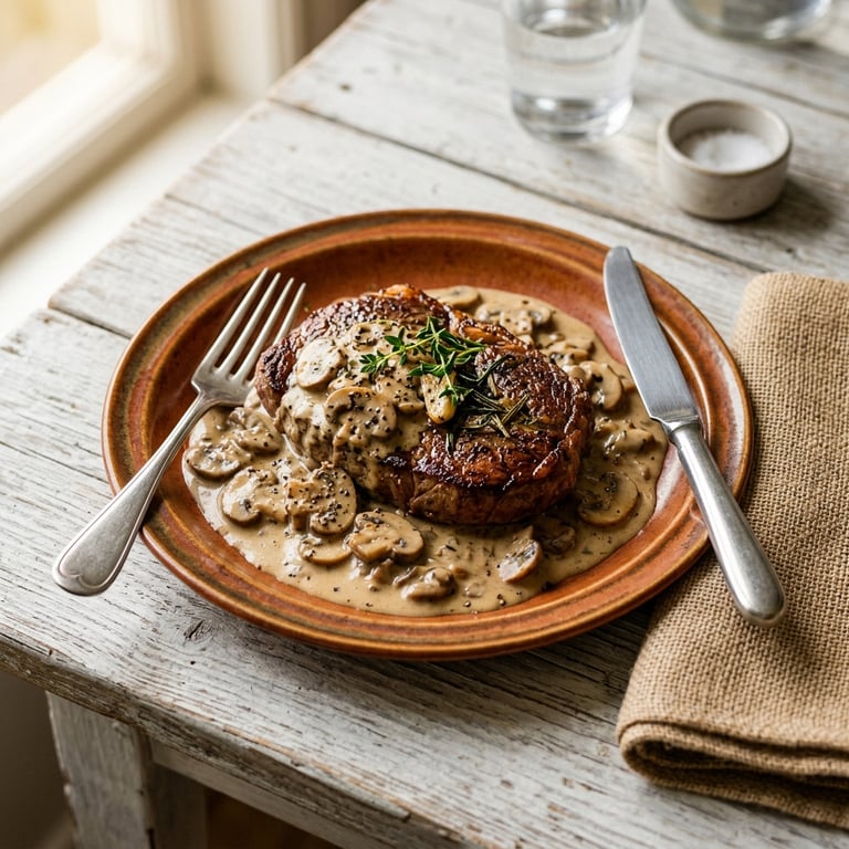 Stekt biff med extra krämig champinjonsås