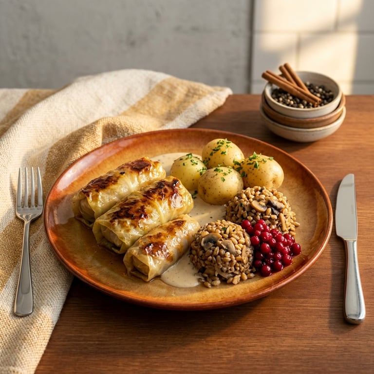 Vegetariska kåldolmar med matvete, skogssvamp och lingon