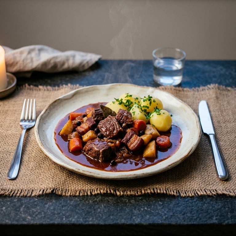 Vinterkryddig högrevsgryta med rödvin, enbär, kryddpeppar och lagerblad