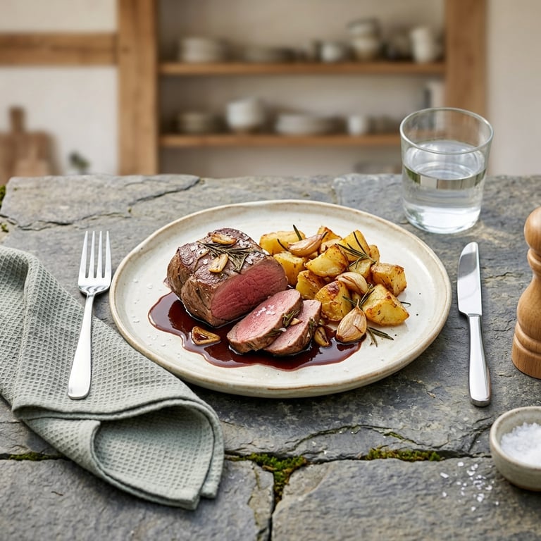 Vitlöksspäckad lammstek med rosmarin, ugnsrostad potatis och rödvinssky