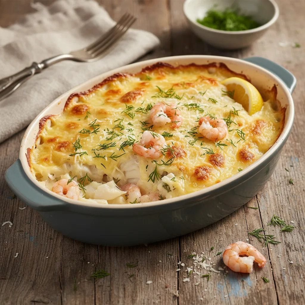 Fiskgratäng med räksås