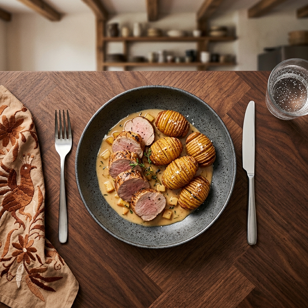 Fläskfilé med calvados-gräddsås och hasselbackspotatis