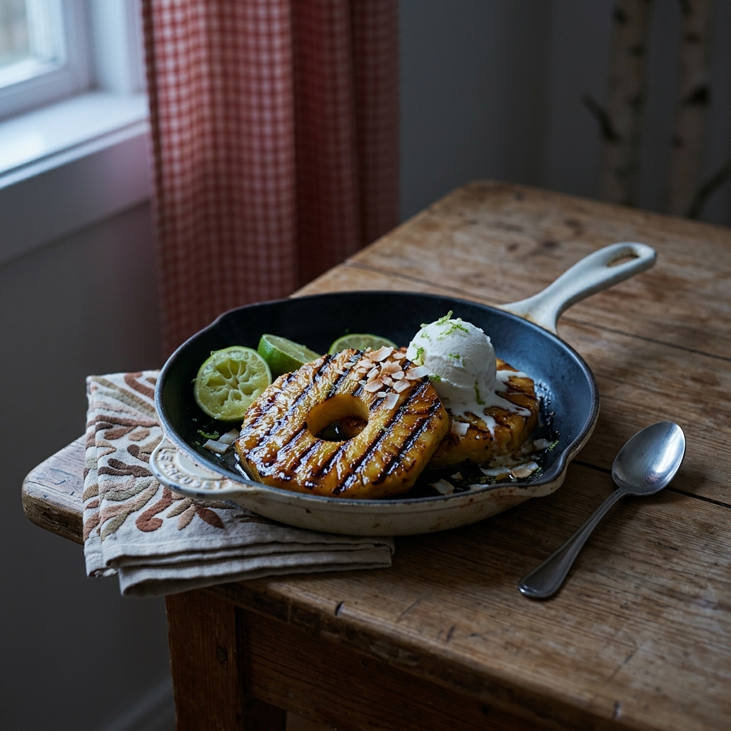 Grillad ananas med rom, lime och kokosglass