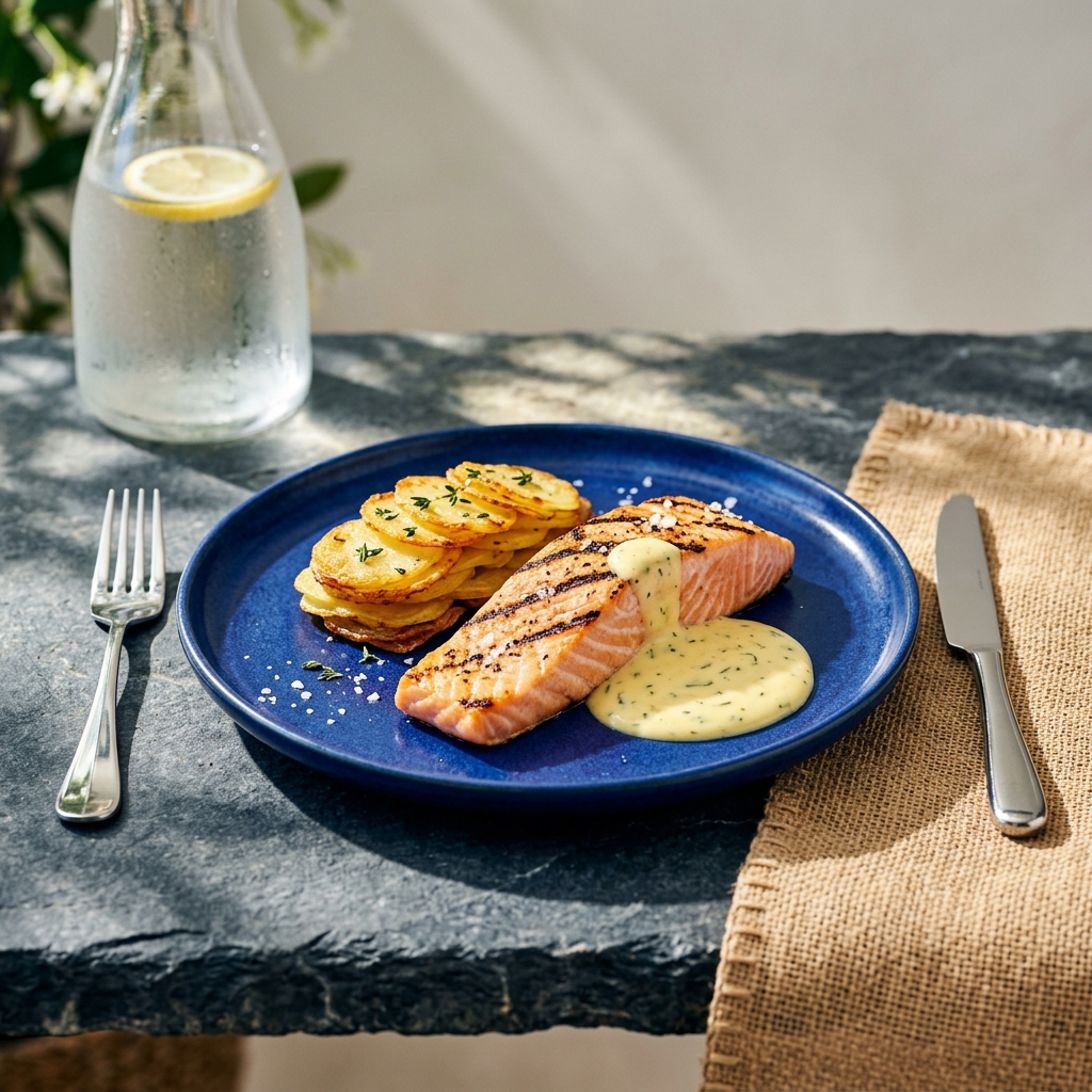 Grillad lax med bearnaisesås och pommes anna