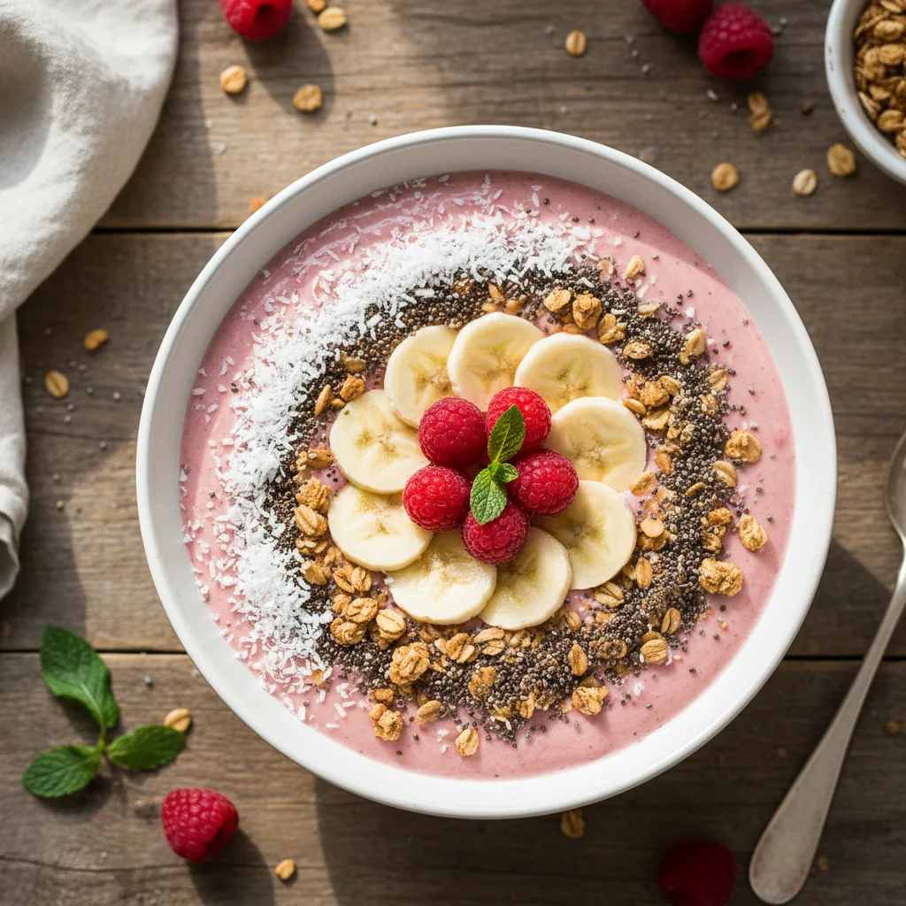 Hallonglass-smoothie bowl