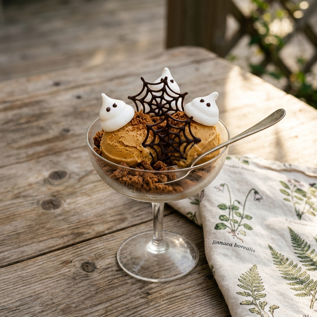 Halloweenglass med pumpa och pepparkakskrydda, marängspöken och spindelnät i choklad