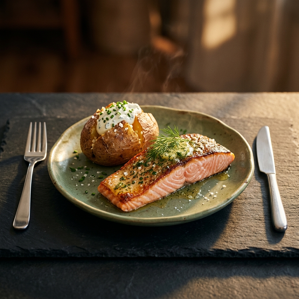 Helstekt regnbågslax med örtsmör och bakad potatis med crème fraîche