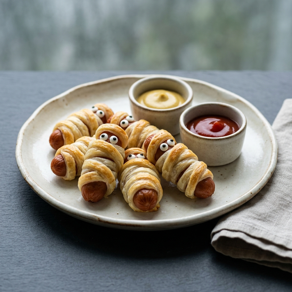 Inbakade korv-mumier med sockerögon och dubbel dipp