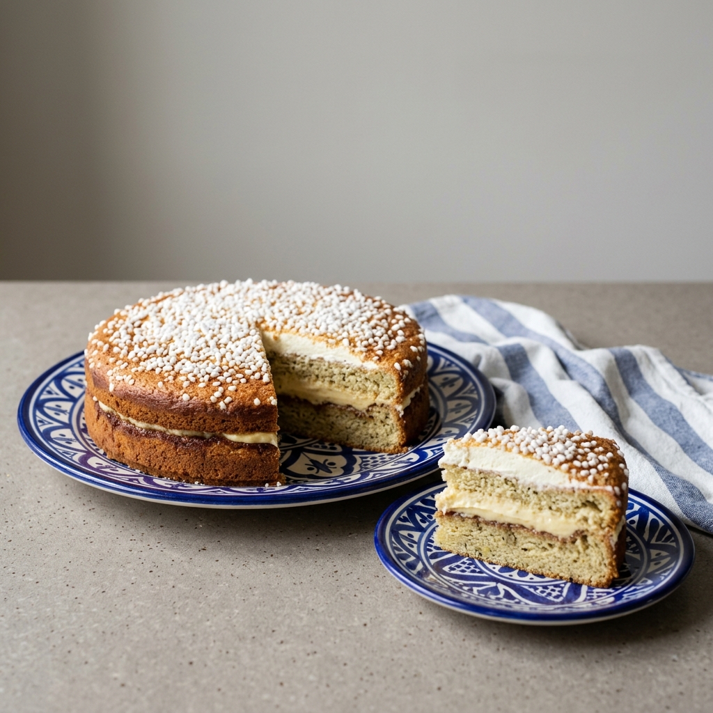 Kanelbullstårta med kardemummabotten och vaniljkräm