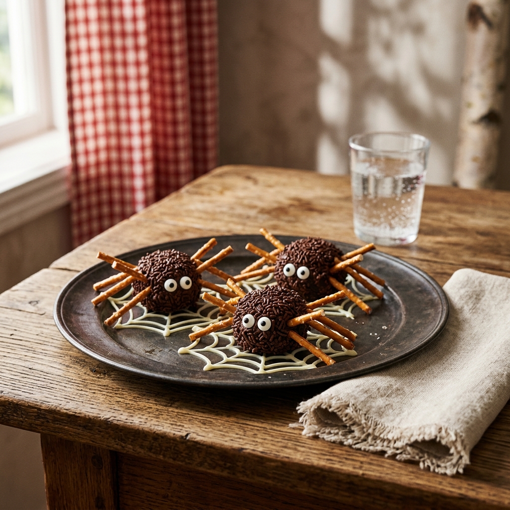 Krispiga chokladspindlar med jordnötssmör, saltstångsben och sockerögon på spindelnät