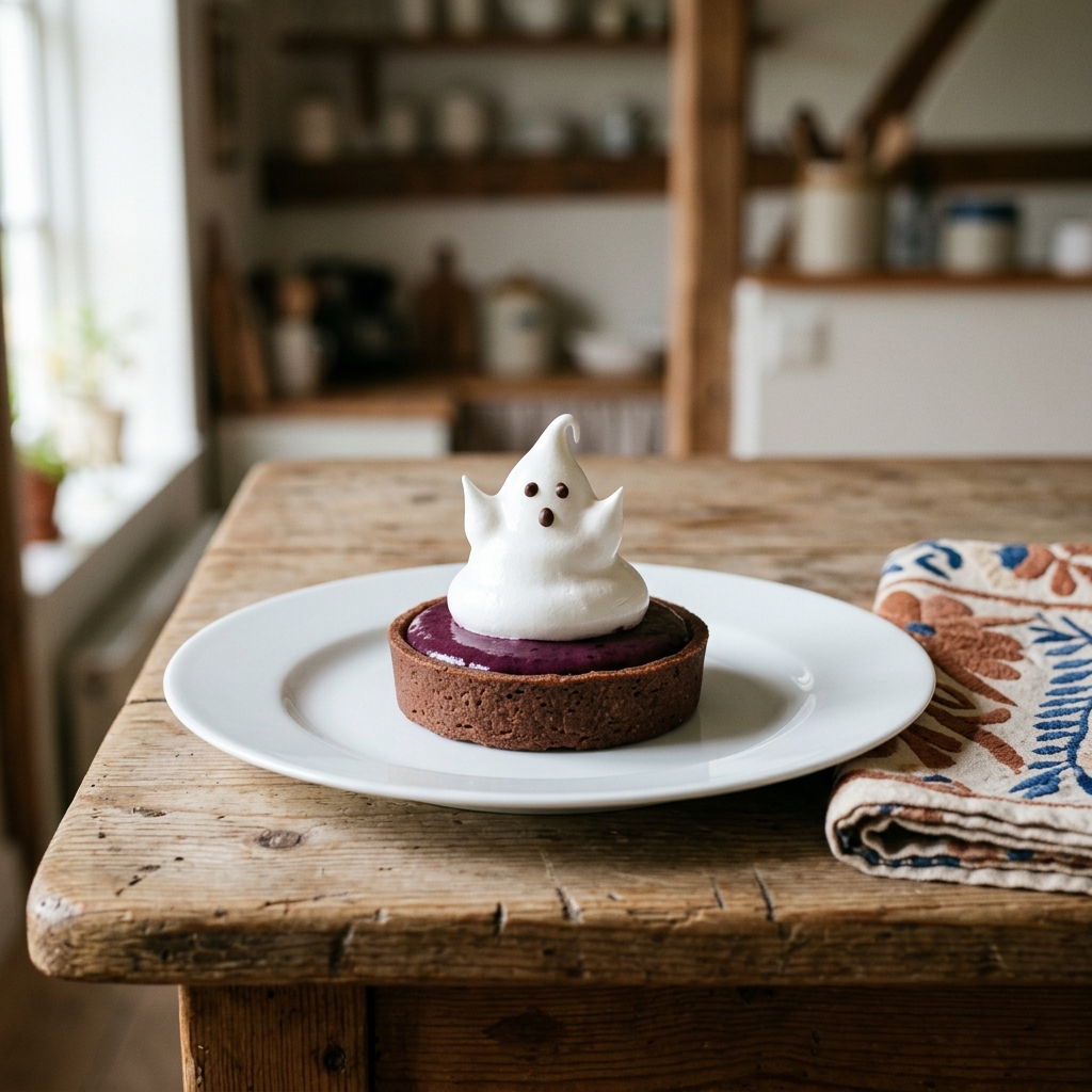 Lakanspökstartletter med chokladmördeg, blåbärscurd och italiensk maräng