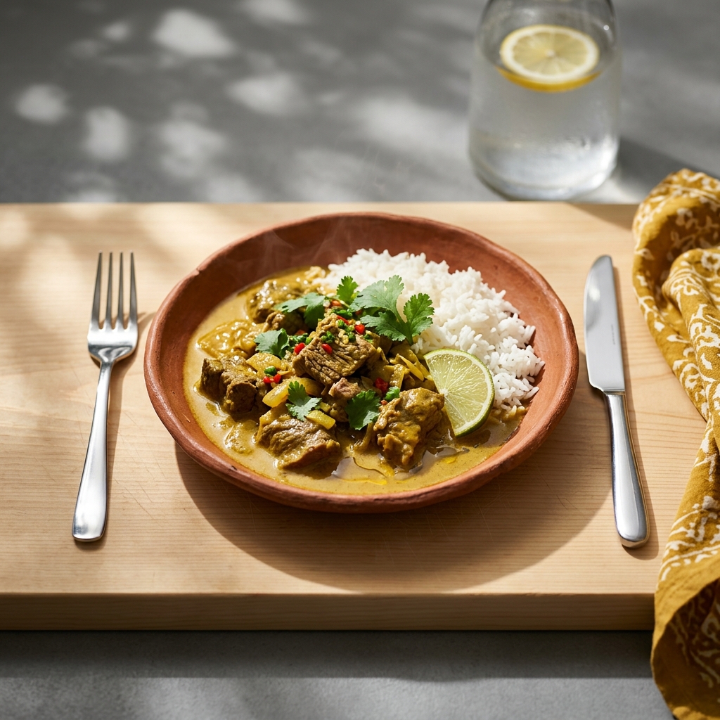 Långkokt nötcurry med kokosmjölk, ingefära och lime
