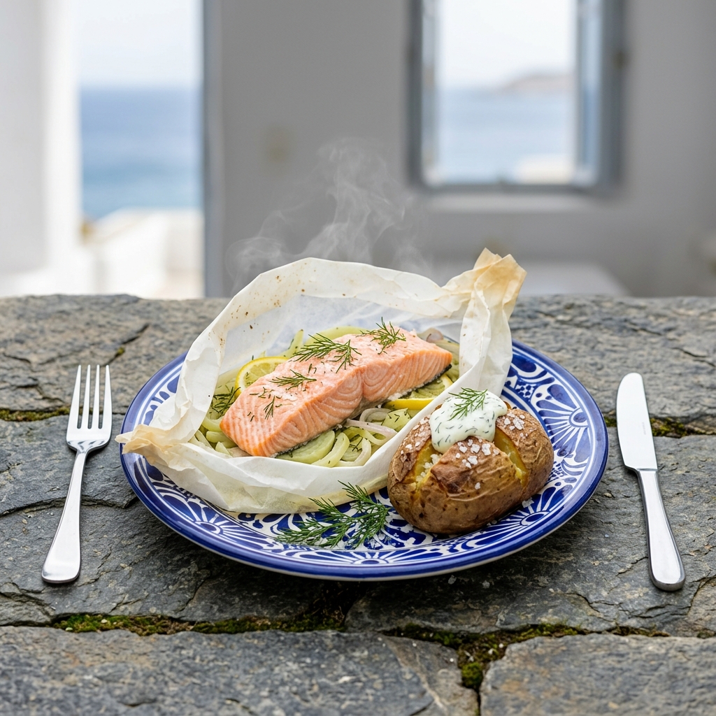 Lax en papillote med citron, fänkål och bakad potatis med citron- och dillcrème