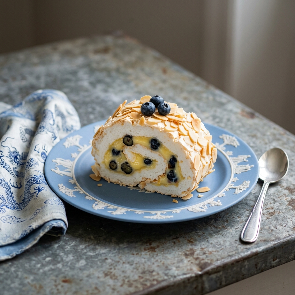 Marängrulle med citronkräm och sommarblåbär