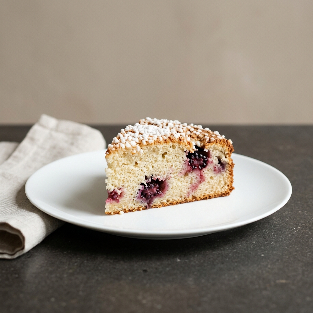 Mjuk björnbärskaka med crème fraiche och vanilj