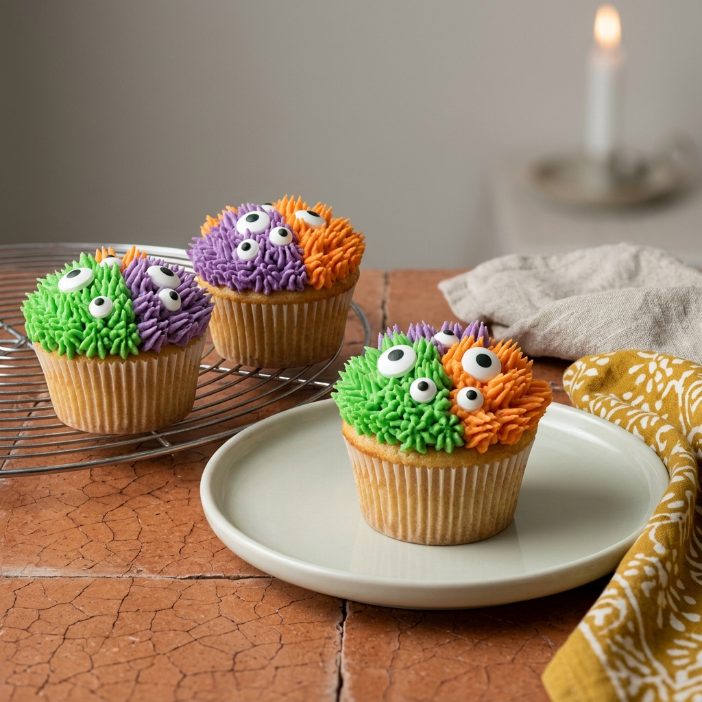 Monstercupcakes med vanilj, färgglad smörkräm och godisögon