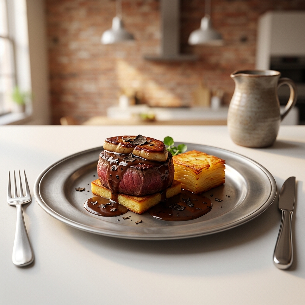 Oxfilé Rossini med anklever, tryffel, madeirasås och pommes anna