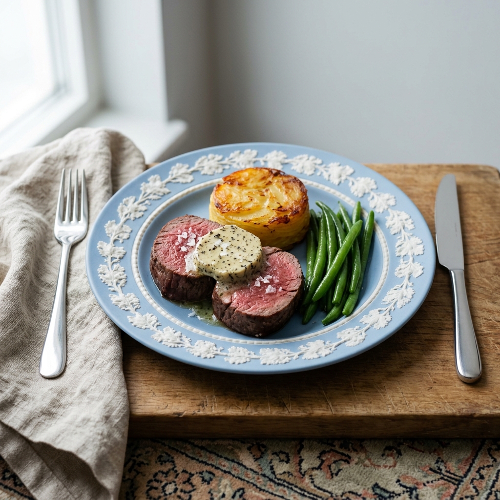 Oxfilémedaljonger med tryffelsmör, pommes anna och smörglaserade haricots verts