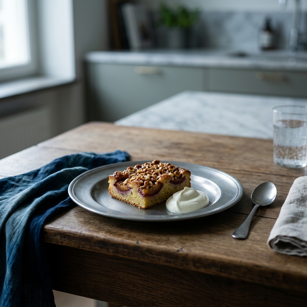 Plommontoscakaka med hasselnötsknäck och crème fraiche-grädde