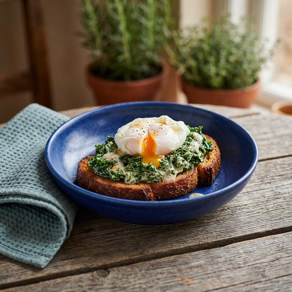 Pocherade ägg med krämig grönkålsstuvning, brynt smör och smörstekt rågbröd
