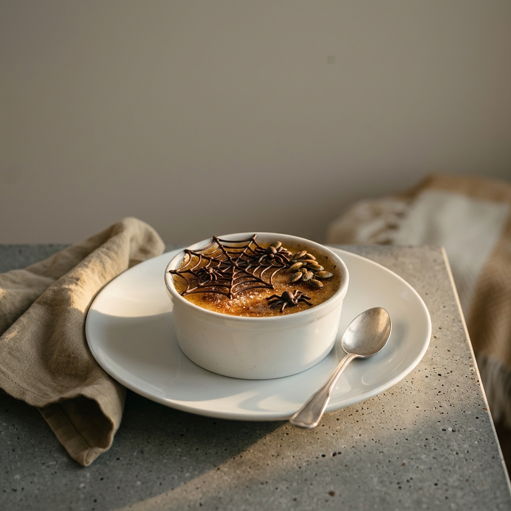 Pumpa-crème brûlée med knäckig sockertopp, chokladspindelnät och karamelliserade pumpafrön