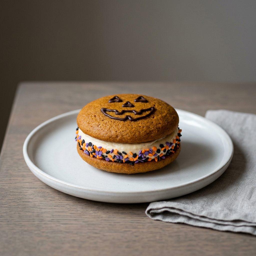 Pumpa-whoopie pies med färskostfyllning och pumpaansikten