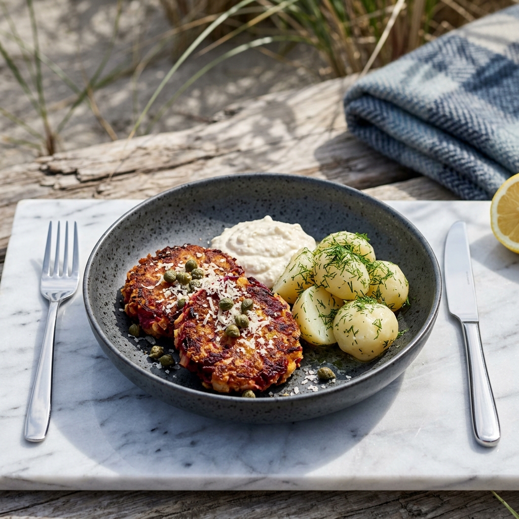 Rödbetsbiffar med pepparrotscrème och dillsmörad potatis