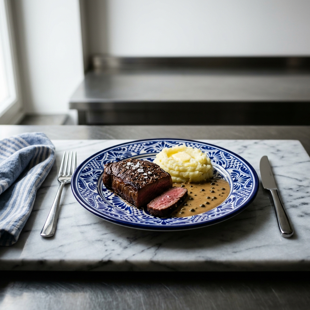 Ryggbiff med gräddig pepparsås och pressad potatis