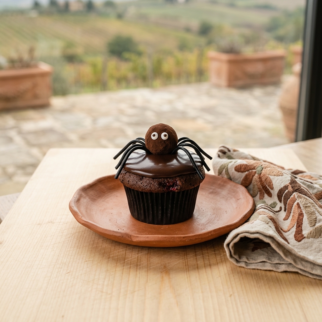 Spindel-cupcakes med chokladganache, hallonkärna och lakritsben