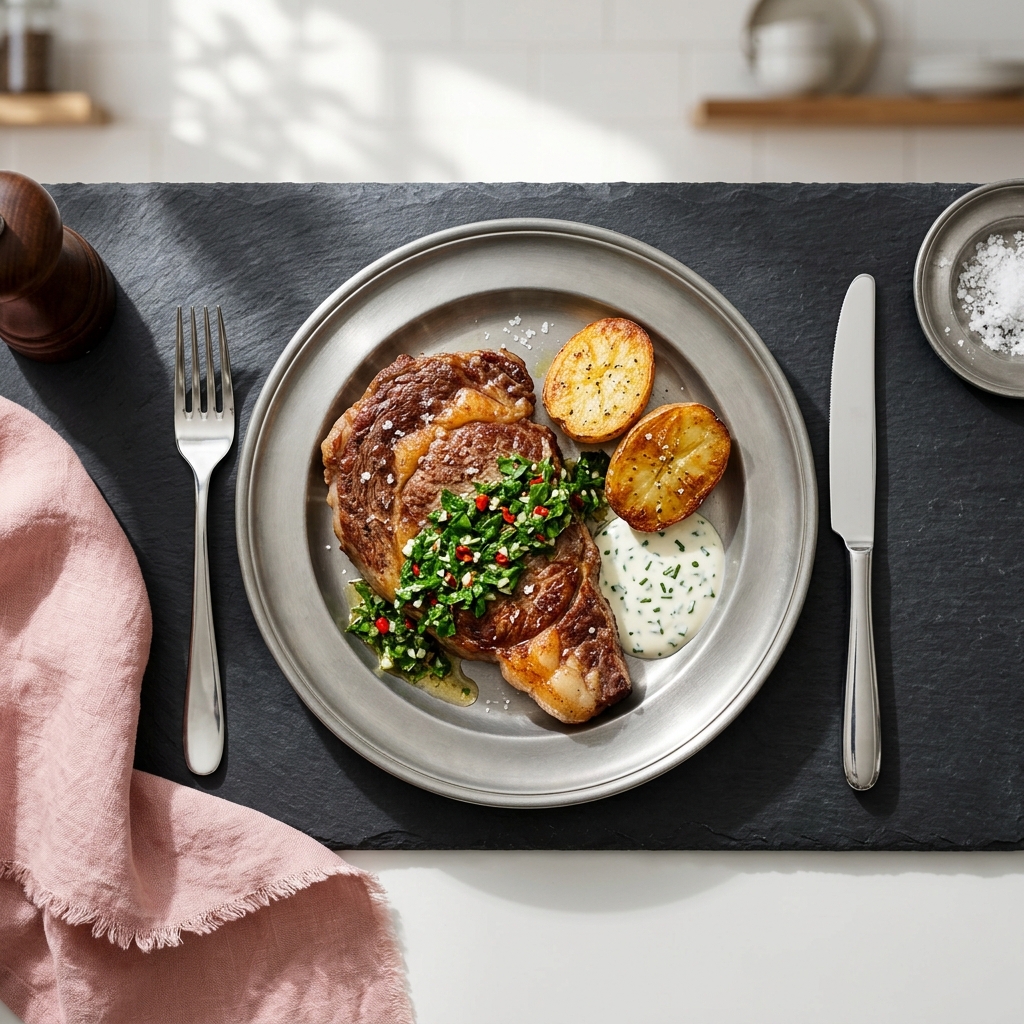 Stekt entrecôte med chimichurri, ugnsbakad potatis och gräslöks-crème fraîche