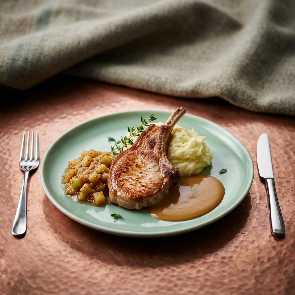 Stekt fläskkotlett med äppelchutney, cidergräddsås och pressad potatis