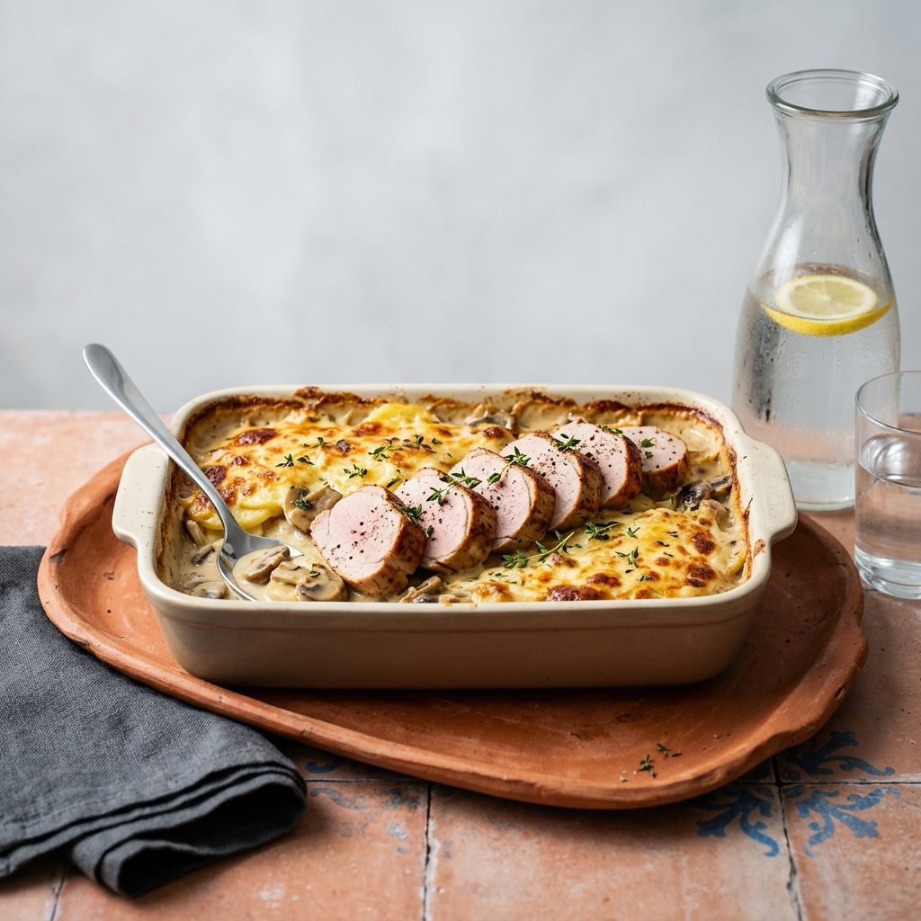 Timjanstekt fläskfilé med krämig champinjonsås och potatisgratäng med gruyère