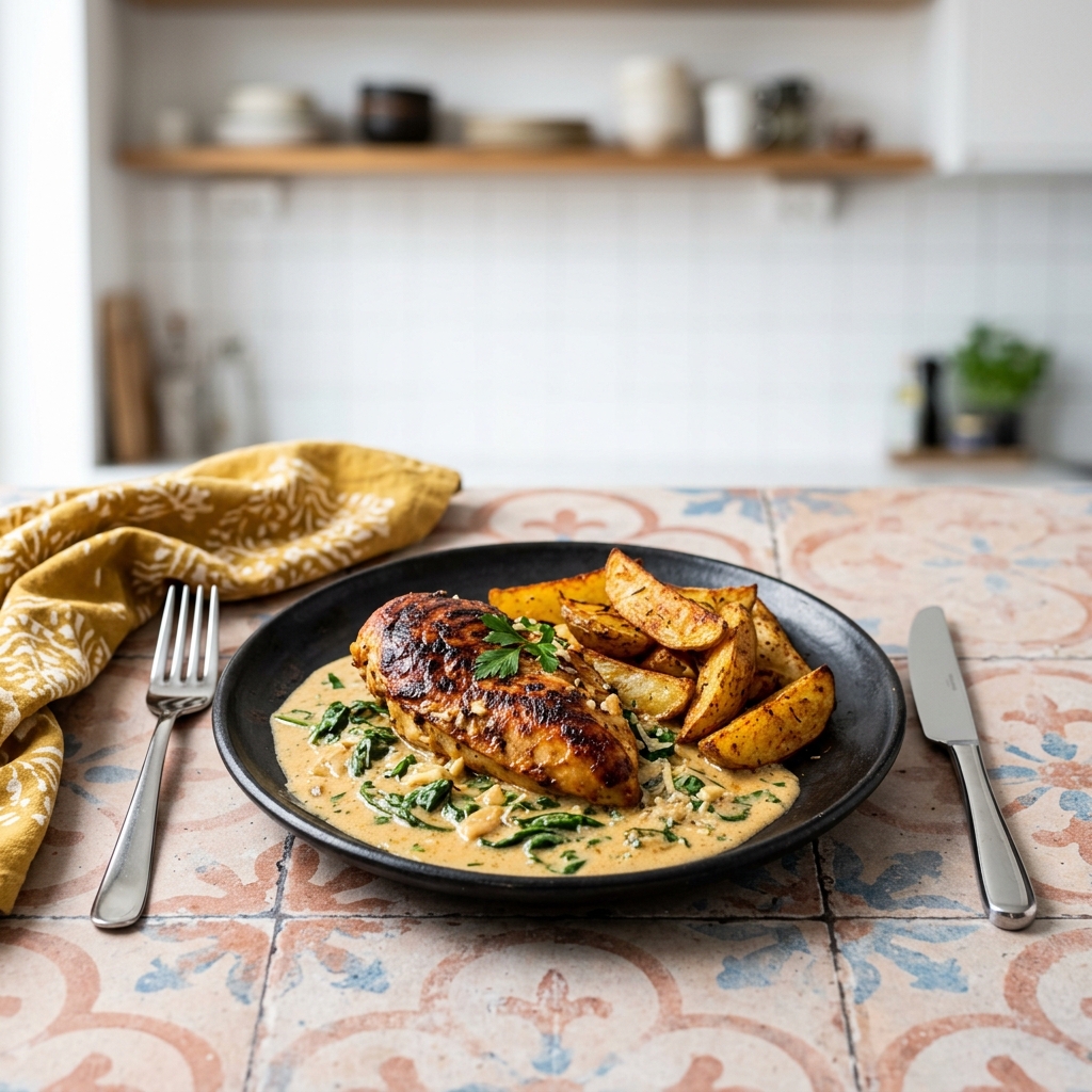 Ugnsbakad kycklingfilé i krämig vitlök- och parmesansås med klyftpotatis