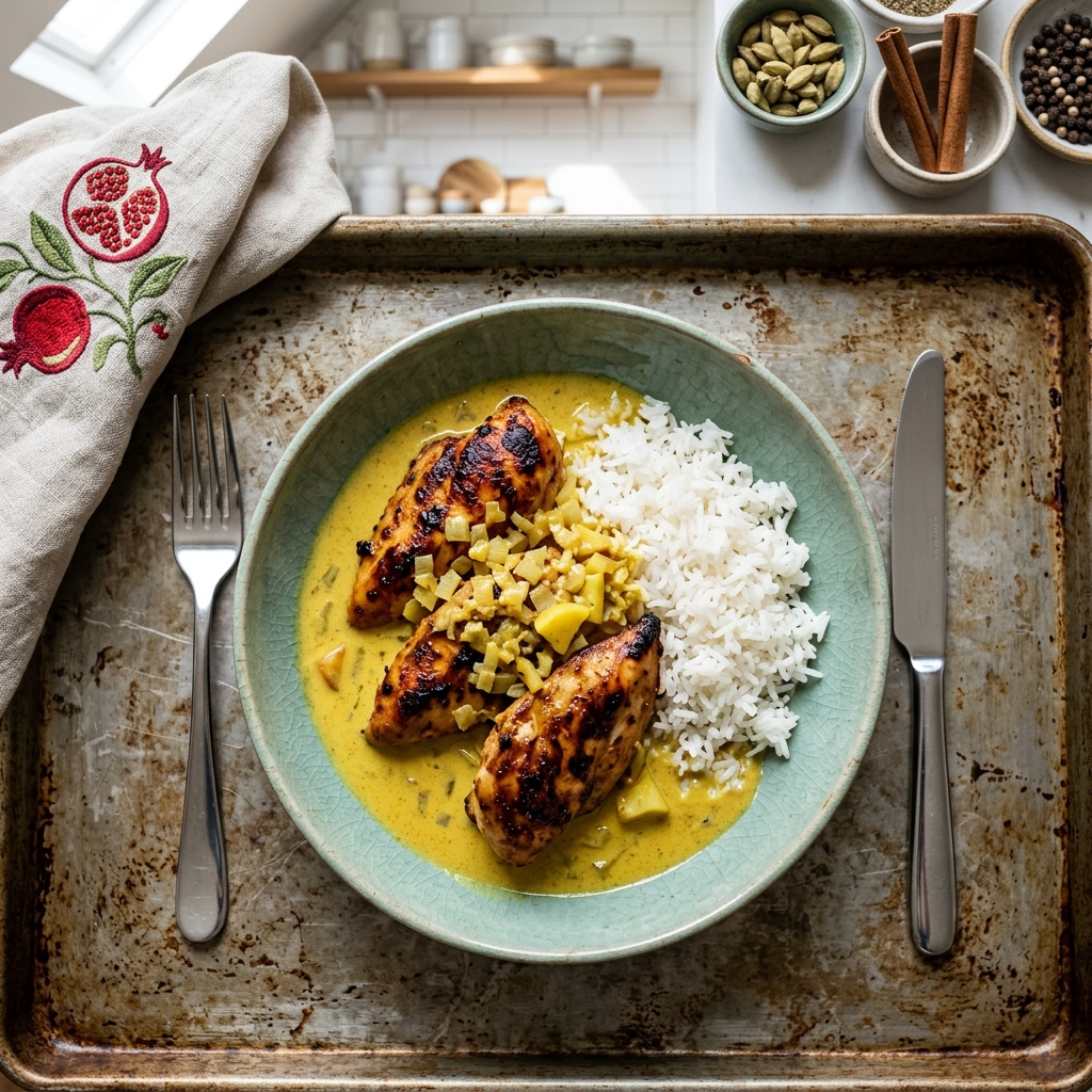 Ugnsbakad kycklingfilé i mild krämig currysås med kokosris