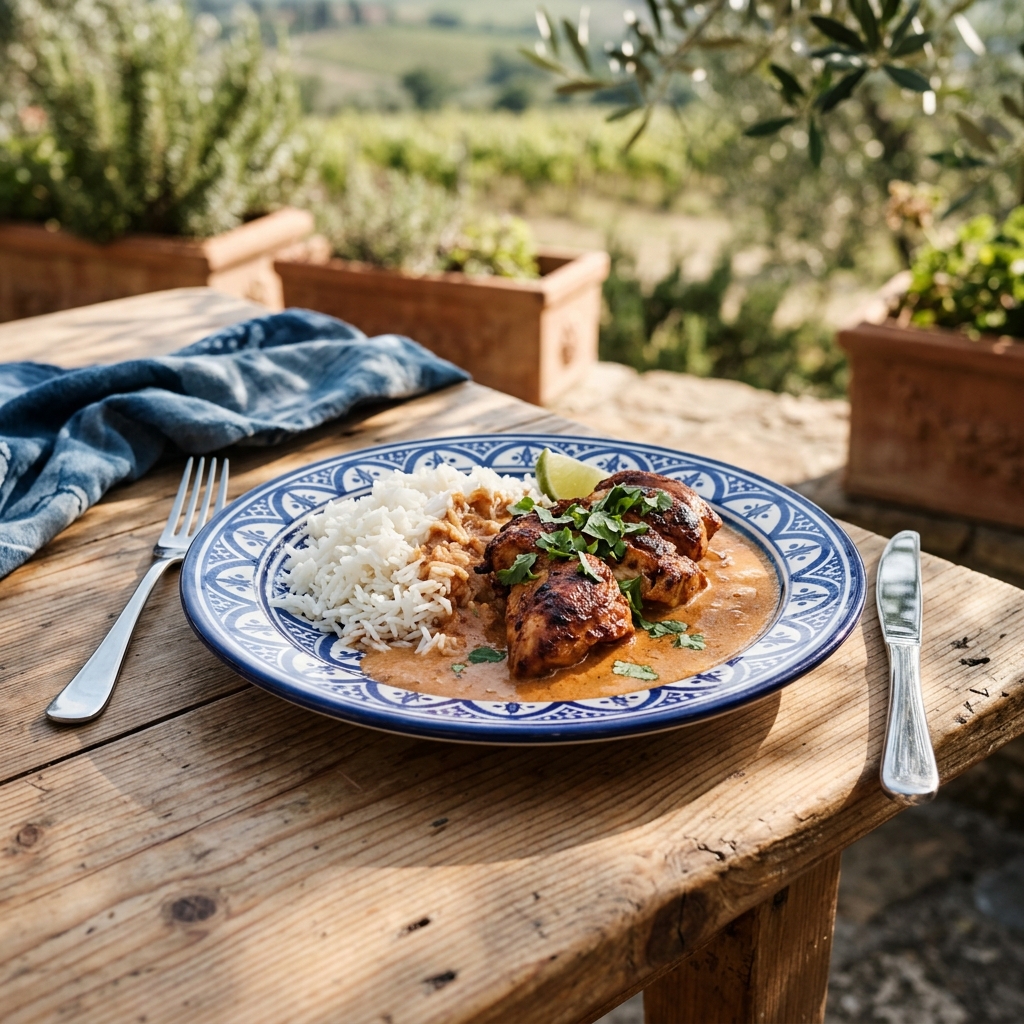 Ugnsbakad kycklingfilé i tikka masala-sås med basmatiris