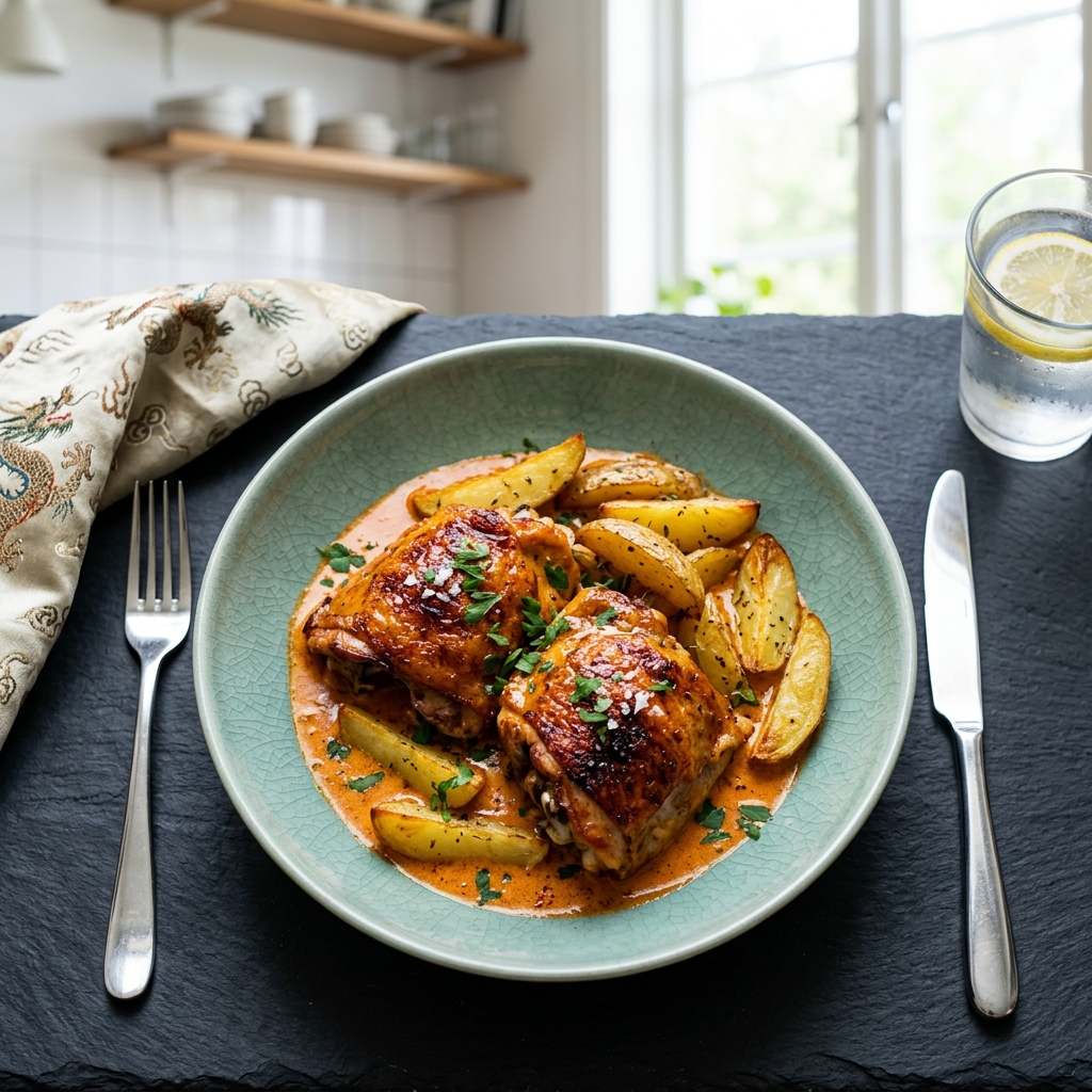 Ugnsbakade kycklinglår i krämig paprika- och rökt paprikasås med klyftpotatis