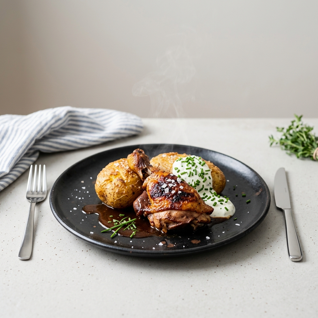 Ugnsbakade kycklinglår i rökig BBQ-sås med bakad potatis