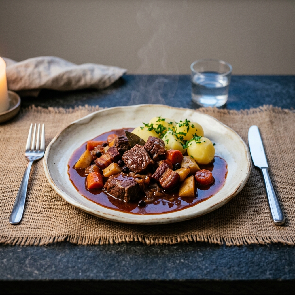 Vinterkryddig högrevsgryta med rödvin, enbär, kryddpeppar och lagerblad